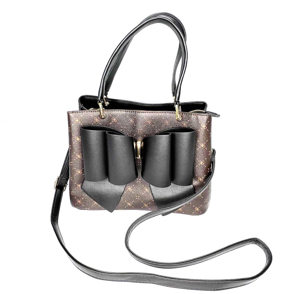 Crossi Black & Brown Bow Bag Textured Faux Leather Purse Designer Satchel Bag